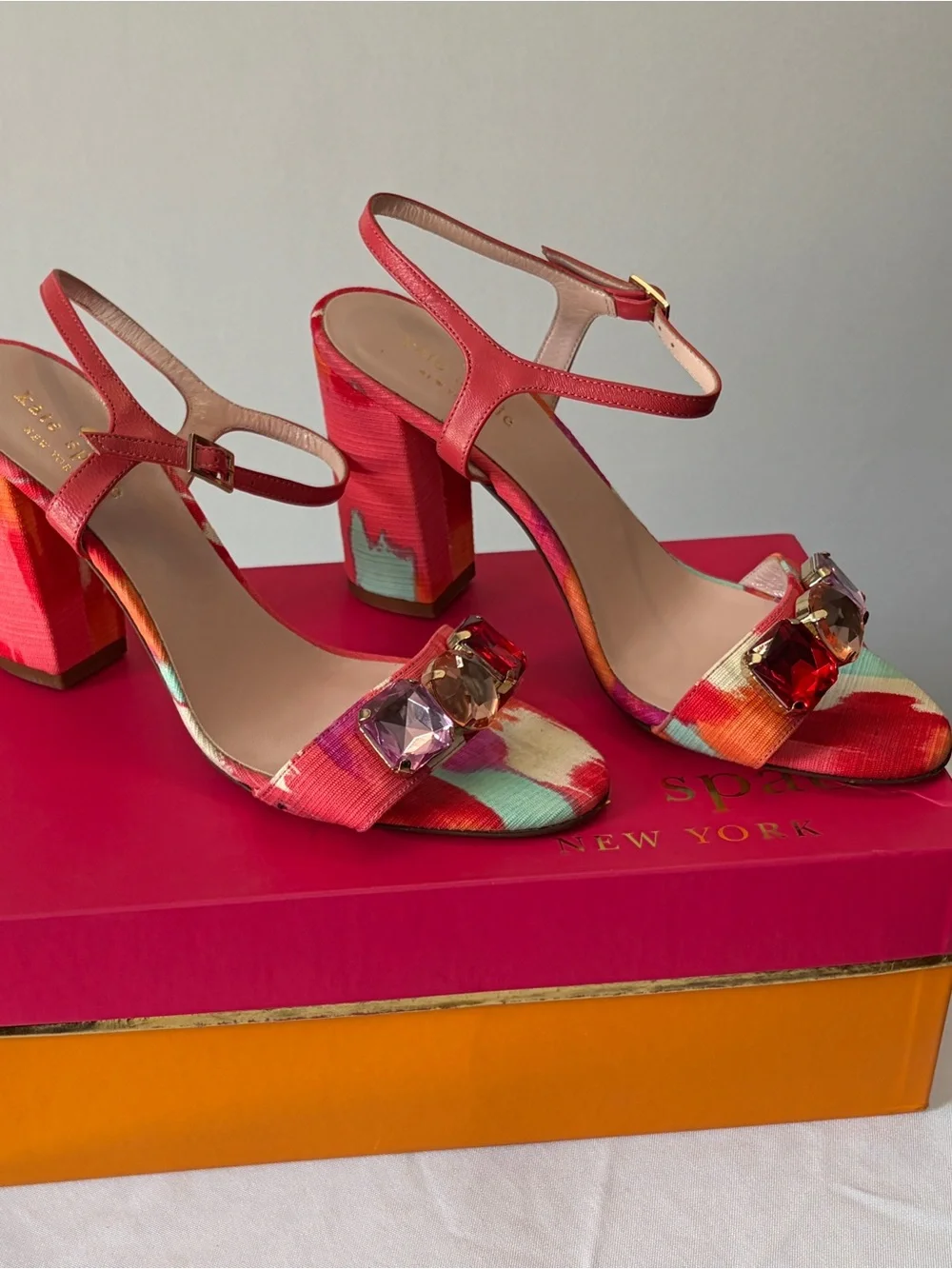 kate spade Pink Multicolor Jewel-Embellished Block Heel Sandals
